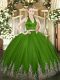 Dazzling Tulle Halter Top Sleeveless Zipper Appliques Quinceanera Dress in Olive Green