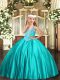 Beautiful Floor Length Turquoise Child Pageant Dress Satin Sleeveless Beading