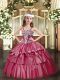 New Style Hot Pink Ball Gowns Straps Sleeveless Organza Floor Length Lace Up Appliques and Ruffled Layers Girls Pageant Dresses