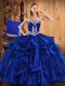 Edgy Royal Blue Ball Gowns Organza Sweetheart Sleeveless Embroidery and Ruffles Floor Length Lace Up Vestidos de Quinceanera