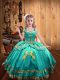 Sleeveless Satin Floor Length Lace Up Little Girls Pageant Dress in Aqua Blue with Beading and Embroidery