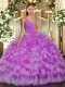 Nice V-neck Sleeveless 15th Birthday Dress Floor Length Ruffled Layers Lilac Organza