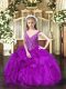 Purple Ball Gowns V-neck Sleeveless Organza Floor Length Lace Up Beading and Ruffles Pageant Dress for Teens