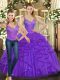 Purple Sweet 16 Dresses Military Ball and Sweet 16 and Quinceanera with Beading and Ruffles Straps Sleeveless Lace Up