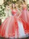 Designer Watermelon Red Organza Zipper Quinceanera Gown Sleeveless Floor Length Ruffles