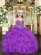 Purple Ball Gowns Straps Sleeveless Organza Floor Length Lace Up Beading and Ruffles Little Girl Pageant Gowns