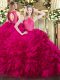 Floor Length Zipper Vestidos de Quinceanera Hot Pink for Military Ball and Sweet 16 and Quinceanera with Lace