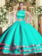 Aqua Blue Two Pieces Tulle High-neck Sleeveless Ruching Floor Length Criss Cross Quince Ball Gowns