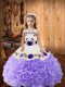 Latest Floor Length Lavender Little Girls Pageant Dress Wholesale Fabric With Rolling Flowers Sleeveless Embroidery and Ruffles