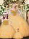 Fine Floor Length Gold Quince Ball Gowns Tulle Sleeveless Beading