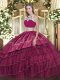 Floor Length Fuchsia 15 Quinceanera Dress Tulle Sleeveless Beading and Embroidery and Ruffled Layers