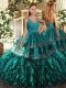Traditional Ball Gowns 15 Quinceanera Dress Teal V-neck Satin and Organza Sleeveless Floor Length Backless