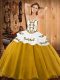 Floor Length Lace Up Quinceanera Gown Gold for Military Ball and Sweet 16 and Quinceanera with Embroidery