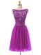 Inexpensive Fuchsia Tulle Zipper Prom Dress Sleeveless Mini Length Beading