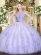 Super Lavender Organza Backless Scoop Sleeveless Floor Length 15 Quinceanera Dress Beading and Ruffles