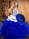 Blue Ball Gowns Strapless Sleeveless Satin and Organza Floor Length Lace Up Embroidery and Ruffles Sweet 16 Dresses