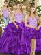 Delicate Eggplant Purple Ball Gowns Tulle Straps Sleeveless Beading and Ruffles Floor Length Lace Up Quinceanera Gown