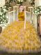 Customized Floor Length Gold Quince Ball Gowns Organza Sleeveless Ruffled Layers