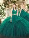 Luxurious Sleeveless Organza Floor Length Zipper Ball Gown Prom Dress in Dark Green with Ruffles