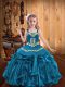 Organza Straps Sleeveless Lace Up Embroidery and Ruffles Little Girls Pageant Gowns in Teal