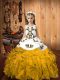 Fashion Sleeveless Organza Floor Length Lace Up Custom Made Pageant Dress in Gold with Embroidery and Ruffles