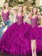 Clearance Fuchsia Vestidos de Quinceanera Military Ball and Sweet 16 and Quinceanera with Beading and Ruffles V-neck Sleeveless Lace Up