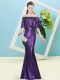 Pretty Mermaid Homecoming Dress Purple Off The Shoulder Sequined Half Sleeves Floor Length Zipper