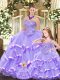 Lavender Organza Lace Up Quinceanera Dress Sleeveless Floor Length Beading and Ruffled Layers
