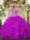 Fantastic Fuchsia Quince Ball Gowns Military Ball and Sweet 16 and Quinceanera with Beading and Ruffles Sweetheart Sleeveless Lace Up