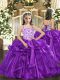 Best Eggplant Purple Ball Gowns Organza Straps Sleeveless Beading and Ruffles Floor Length Lace Up Little Girls Pageant Gowns