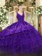 Sleeveless Floor Length Beading and Lace and Embroidery and Ruffled Layers Backless Quinceanera Dresses with Purple