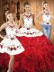 White And Red Lace Up Quinceanera Gown Embroidery and Ruffles Sleeveless Floor Length
