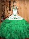Turquoise Quinceanera Dress Military Ball and Sweet 16 and Quinceanera with Embroidery and Ruffles Halter Top Sleeveless Lace Up