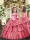 Coral Red Organza Lace Up Kids Formal Wear Sleeveless Floor Length Appliques and Ruffled Layers