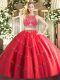 Red Two Pieces Tulle Scoop Sleeveless Beading Floor Length Zipper Quinceanera Gown