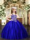 Royal Blue Satin Lace Up Kids Formal Wear Sleeveless Floor Length Beading