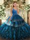 Clearance Blue Ball Gowns V-neck Sleeveless Satin and Organza Floor Length Backless Ruffles Quinceanera Dresses