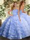 Fine Sleeveless Floor Length Ruffled Layers Lace Up Vestidos de Quinceanera with Light Blue