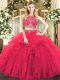 Sleeveless Floor Length Beading and Ruffles Zipper Ball Gown Prom Dress with Coral Red