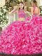Hot Pink Two Pieces Tulle High-neck Sleeveless Beading and Ruffles Floor Length Backless Quinceanera Dresses