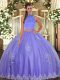 Lavender Tulle Backless Quinceanera Gowns Sleeveless Floor Length Beading and Appliques