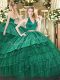 Free and Easy Sleeveless Floor Length Embroidery and Ruffled Layers Zipper Quinceanera Gowns with Dark Green