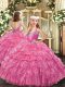 Rose Pink Ball Gowns Organza V-neck Sleeveless Beading and Ruffled Layers and Pick Ups Floor Length Lace Up Child Pageant Dress
