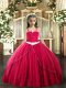 Straps Sleeveless Sweep Train Lace Up Little Girl Pageant Gowns Coral Red Tulle