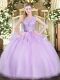 Lavender Organza Backless Sweet 16 Dresses Sleeveless Floor Length Lace