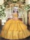 Floor Length Lace Up Little Girls Pageant Dress Gold for Party and Sweet 16 and Quinceanera and Wedding Party with Beading and Ruffled Layers and Sequins