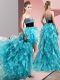 Simple Aqua Blue Organza Lace Up Dress for Prom Sleeveless High Low Beading and Ruffles