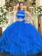 Perfect Floor Length Blue Ball Gown Prom Dress Tulle Sleeveless Ruffles