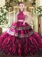 High Class Halter Top Sleeveless Satin and Organza Quinceanera Dress Embroidery and Ruffles Backless