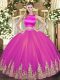 Tulle High-neck Sleeveless Criss Cross Appliques Quinceanera Gown in Fuchsia